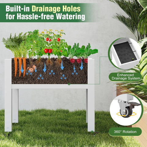 Elevated Raised Garden Bed With Wheels Portable Resin Planter Box For Vegetables Flowers And Herbs Outdoor Weather Resistant White Ready To Roll On The Patio Or Balcony Easy To Move