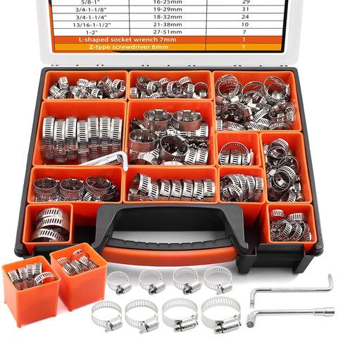 Beefy 210 Piece Worm Gear Hose Clamps Assortment Kit One Quarter Inch To Two Inch Six To Fifty One Millimeters 304 Stainless Steel Adjustable Band Clamps in case