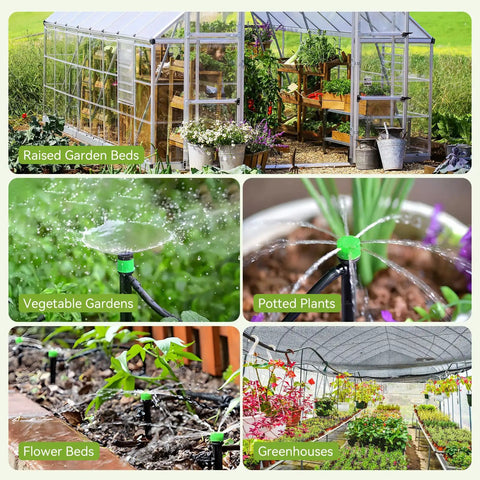 Drip Irrigation Kit For Garden Raised Beds And Lawn Adjustable Watering System with Drip Emitters in various garden settings