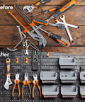Before and after organizing tools with 44 Piece Wall Mounted Pegboard Kit With Bins And Panel Set For Garage And Shop Storage Rack.