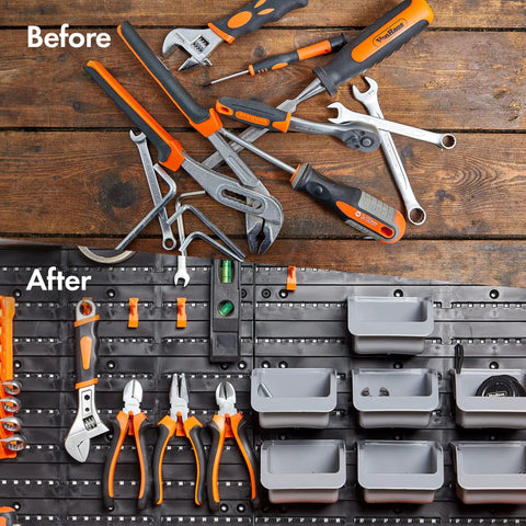 Before and after organizing tools with 44 Piece Wall Mounted Pegboard Kit With Bins And Panel Set For Garage And Shop Storage Rack.
