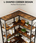 Straight Up Solid Five Tier Corner Bookshelf L Shaped Large Bookcase Rustic Brown Open Shelving Unit in corner with decorative items