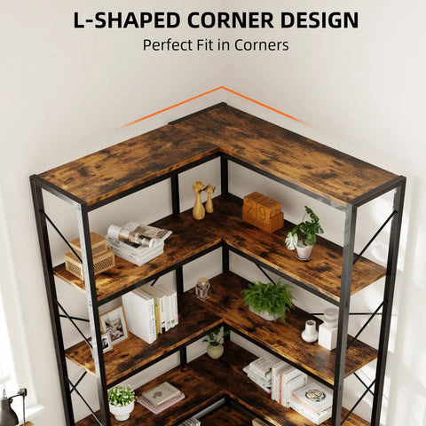 Straight Up Solid Five Tier Corner Bookshelf L Shaped Large Bookcase Rustic Brown Open Shelving Unit in corner with decorative items