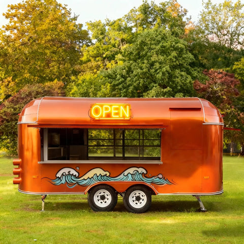 Turnkey Commercial Hot Dog Cart And Mobile Food Truck Trailer For Quick Bites Or Soft Serve With Pro Coffee Bar Setup and Rock Solid Wheels in orange.