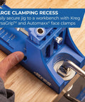 K4 Pocket Hole Jig For Pros And DIYers With Adjustable Easy To Use Drill Guides clamped to workbench in use