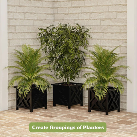Lattice Design Outdoor Planter Box Dope Front Porch Decor 14.75 Inch Square Black Plant Pot 13 Inch Tall for Patio Garden displayed in group