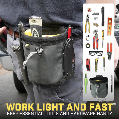 Clip On Tool Belt Pouch With Built In Light For Electricians, HVAC Pros, Plumbers, Carpenters, And Contractors holding tools