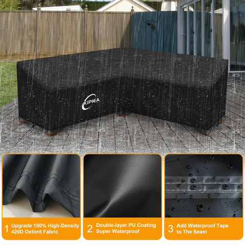Heavy Duty 420D Outdoor V Shaped Sectional Sofa Cover With Windproof Buckles, Waterproof PU Coating shown on sectional in rain