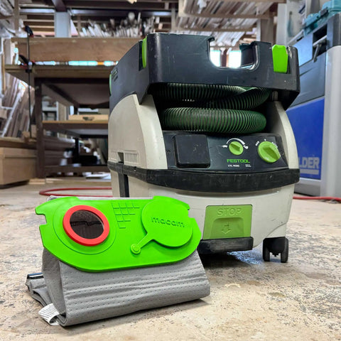 Reusable Dust Bag For Festool Midi CT 15 E And CT 25 HEPA Dust Extractors alongside Festool vacuum in workshop.