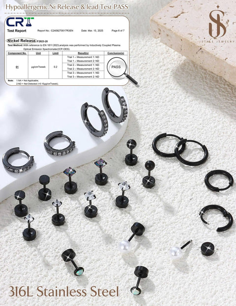 Flat Back Hypoallergenic Black Earrings For Women Made From 316L Stainless Steel Allergy Safe Nickel Free Lead Free No Irritation No Tarnish No Rust Vacuum Plated For Sensitive Ears Stackable Everyday Wear, black hoop and stud set