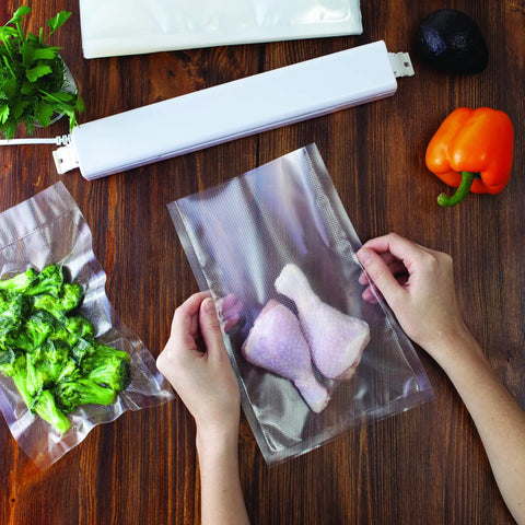 Two Pack Commercial Grade Vacuum Seal Bags And Rolls For Food Storage 8 Inch By 50 Feet And 11 Inch By 50 Feet in use with food