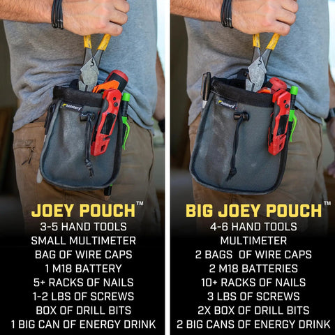 Clip-On Tool Belt Pouch for tools and hardware, shown in two sizes 'Joey Pouch' and 'Big Joey Pouch' on a person's waist.