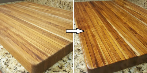 Deep Penetrating Food Grade Butcher Block Conditioner For Hardwood And Bamboo Surfaces That Revitalizes Wood For Real And Keeps It From Drying And Cracking Ideal For Wooden Bowls Spoons And More One Gallon on bamboo cutting board before and after