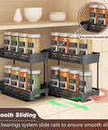 Pull Out Spice Rack Organizer For Cabinets, 3 Pack Slide Out Pantry Shelves, Black Double Tier Drawer Insert Holds Thirty Jars, Smooth Glide Kitchen Storage That Is An Absolute Game Changer with elevated guardrails.