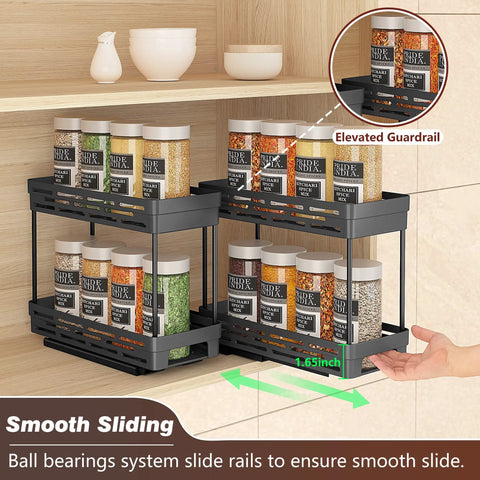 Pull Out Spice Rack Organizer For Cabinets, 3 Pack Slide Out Pantry Shelves, Black Double Tier Drawer Insert Holds Thirty Jars, Smooth Glide Kitchen Storage That Is An Absolute Game Changer with elevated guardrails.