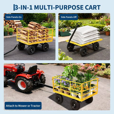 Beast 1400 Pound Garden Dump Cart 3 In 1 Yard Wagon With Removable Side Panels And 13 Inch All Terrain Tires in use