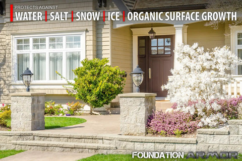 Deep Penetrating Water Based Silane Siloxane Sealer For Concrete Brick Pavers Stone And Masonry 5 Gallon near home entrance with flowers.