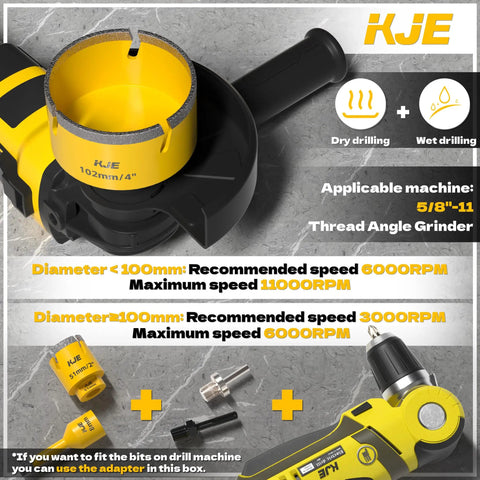 Pro Grade Vacuum Brazed Diamond Hole Saw Kit for Porcelain with 102mm saw attached to angle grinder, speed guidelines shown.