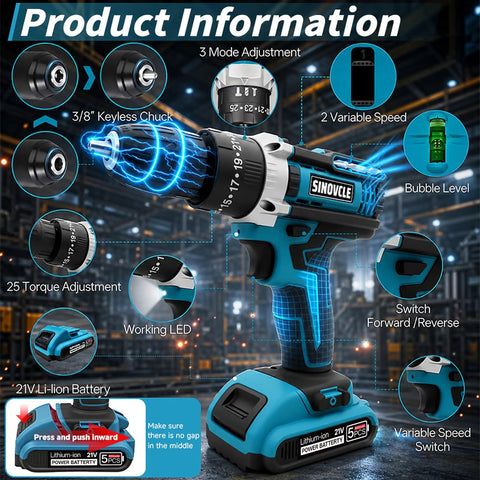 Tough As Nails 21v Cordless Drill Driver Kit With Two Batteries And Five Cleaning Brushes Fifty Nm Torque Garage Ready showing keyless chuck and torque adjustments.