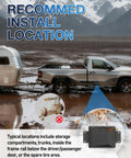 Heavy Duty 12V In Cab Air Compressor Kit For Air Bag Suspension With On Off Switch One Quarter Inch Air Line Delivers Quick Inflation Up To 120 PSI Universal Fit For Ford Chevy Silverado GMC Sierra Ram Trucks installed on truck towing a trailer in muddy terrain
