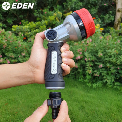 Hand holding spray nozzle for Premium Garden Hose Quick Connect Set With 5-Piece Snap And Lock Fittings, Water Stop, Twist-Lock Design