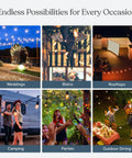 Collage of solar powered outdoor string lights in various settings: weddings, bistro, rooftops, camping, parties, outdoor dining.