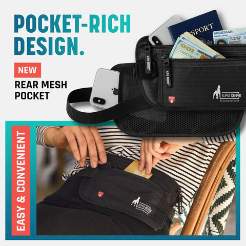 Travel Money Belt Hidden Under Clothes Must Have RFID Blocking Passport Holder, secure pocket design showing items inside.
