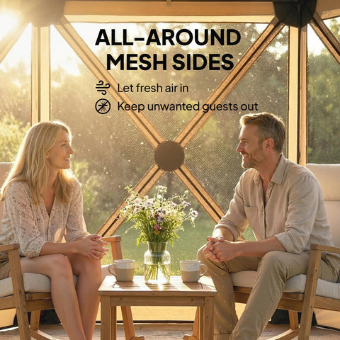 Two people sitting inside a No Tool Setup 10 X 11 Ft Pop Up Gazebo Screen Tent with mesh netting and wooden frames, outdoors.