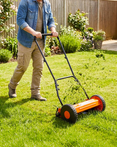 Compact 16 Inch Push Reel Lawn Mower With Five Blade Manual Reel Cutter Adjustable Cutting Height Walk Behind For Small Yards Orange Finish Scissor Like Clean Cut For Neat Lawn No Fuss on a small backyard lawn