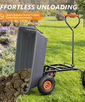 Heavy Duty Dump Cart Wagon With Quick Release Dump, showing 10 inch tires, 600 pound capacity with soil being unloaded in garden