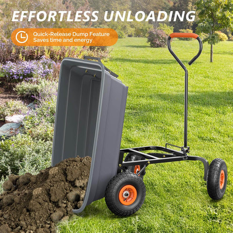 Heavy Duty Dump Cart Wagon With Quick Release Dump, showing 10 inch tires, 600 pound capacity with soil being unloaded in garden