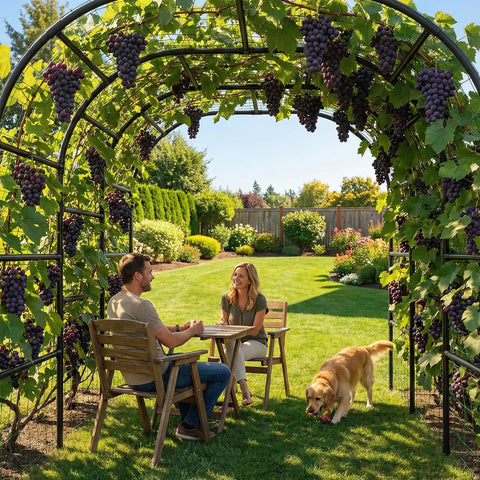 Tall 88 Inch Garden Arch Trellis For Climbing Plants Outdoor Metal Archway That Looks Boss with grapevine canopy over garden seating area.