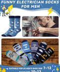 Six Pairs Novelty Electrician Socks For Men With Dope Designs Mid Calf Crew Socks Gift Set For Electricians And Electrical Engineers Perfect Father's Day Or Birthday Present, shown with humorous designs and shoe sizes 7-12.