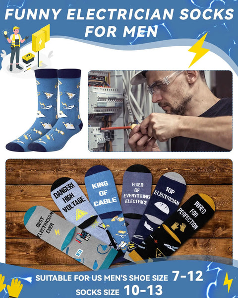 Six Pairs Novelty Electrician Socks For Men With Dope Designs Mid Calf Crew Socks Gift Set For Electricians And Electrical Engineers Perfect Father's Day Or Birthday Present, shown with humorous designs and shoe sizes 7-12.