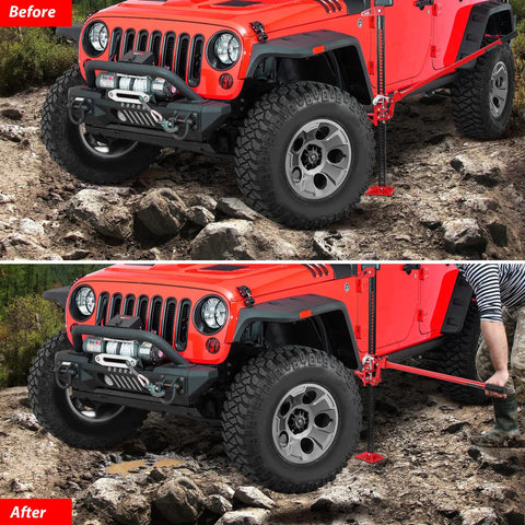 High Lift Recovery Jack 33 Inch 3.5 Ton Heavy Duty Off Road Farm Lifting Equipment in use lifting a red SUV on rocky terrain