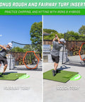 Man practicing golf swing on 5 Ft By 4 Ft Pro Golf Practice Mat with Interchangeable Inserts in outdoor setting, showing fairway and rough turf
