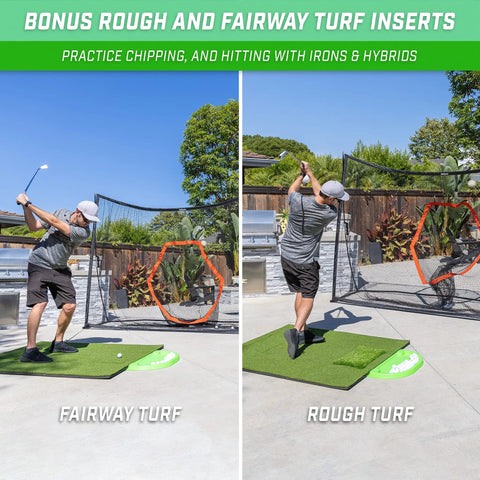 Man practicing golf swing on 5 Ft By 4 Ft Pro Golf Practice Mat with Interchangeable Inserts in outdoor setting, showing fairway and rough turf
