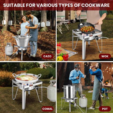 Heavy Duty 200000 BTU Propane Burner Stainless Steel Outdoor Stove with various cookware options for camping and feasts