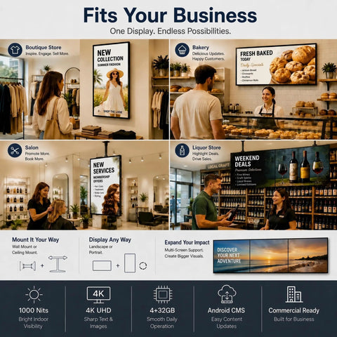 Heavy Duty 65 Inch Wall Mounted Digital Signage Display 4K Menu Board showcasing various business applications in retail settings.