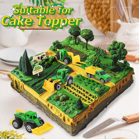 Six Piece Diecast Farm Vehicle Toy Set For Kids 3 Years And Up Includes Tractor Harvester on Cake Topper