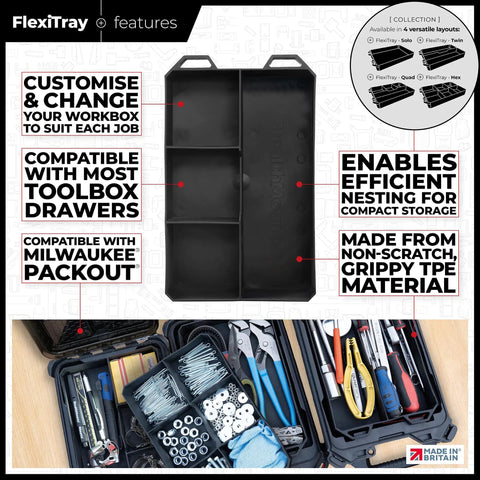 Quad FlexiTray Flexible Tool Tray System for Milwaukee PACKOUT, non-slip TPE grip, black quad layout, made in the UK.