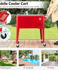 80 Quart Rolling Cooler Cart With Lockable Wheels Bottle Opener Cap Catcher for outdoor parties shown in backyard setting