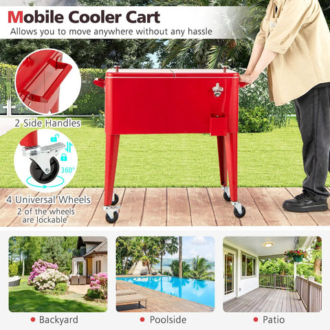 80 Quart Rolling Cooler Cart With Lockable Wheels Bottle Opener Cap Catcher for outdoor parties shown in backyard setting