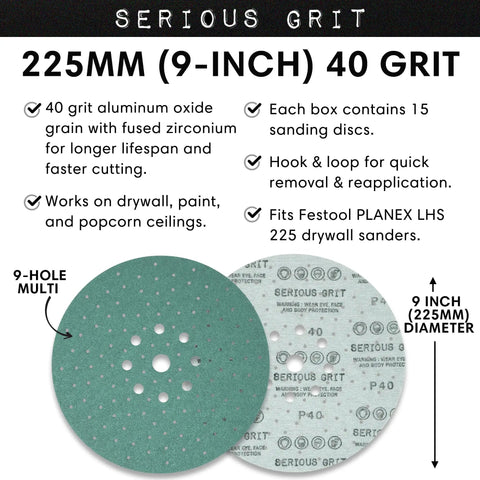 Heavy Duty 9-Hole 40 Grit Drywall Sanding Discs For Festool Planex LHS 225 Sanders With Dust Free Hook And Loop Backing 225mm Multi Hole 15 Pack For Pro Grade Projects