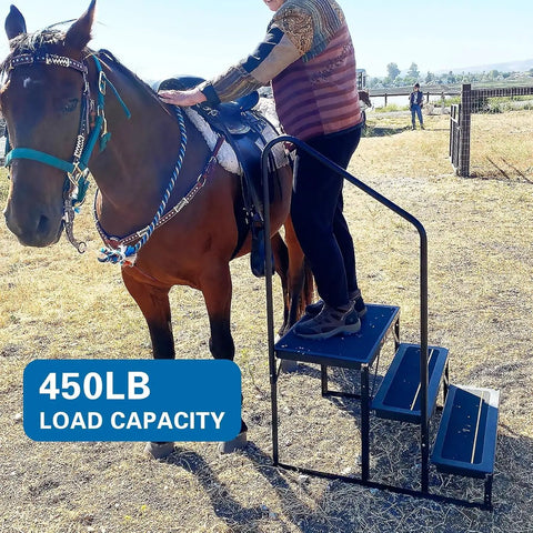 Heavy Duty Three Step RV Stair With Solid Handrail Steel Frame Rated For 600 LBS Load Capacity Tough Universal Rust Proof Kickstep Platform For Overlanding Rigs Trucks And Pop Up Campers being used to mount a horse.