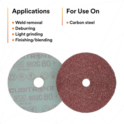 Fiber Disc 982C Pack Of 100 Four And A Half Inch By Seven Eighth Inch Center Hole Sixty Plus Grit Precision Shaped Grain Abrasive Discs For Heavy Grinding Deburring Beveling Finishing And Weld Removal, double-sided view showcasing applications.