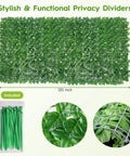 Dope Artificial Ivy Privacy Fence Screen 40 Inch By 120 Inch, showing dense faux leaves, assembly ties, and close-up of greenery panel.
