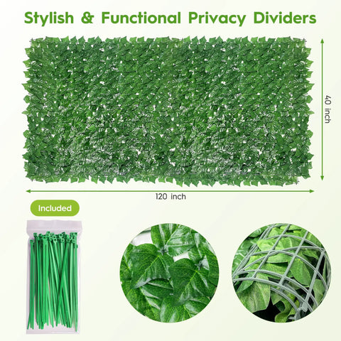 Dope Artificial Ivy Privacy Fence Screen 40 Inch By 120 Inch, showing dense faux leaves, assembly ties, and close-up of greenery panel.