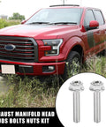 Heavy Duty Stainless Steel Exhaust Manifold Bolts And Studs Hardware Kit For Ford 4.6 Liter And 5.4 Liter V8 Engines featuring shiny bolts next to a red Ford truck.
