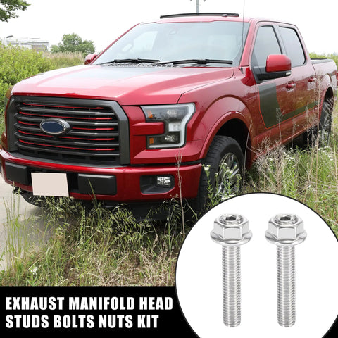 Heavy Duty Stainless Steel Exhaust Manifold Bolts And Studs Hardware Kit For Ford 4.6 Liter And 5.4 Liter V8 Engines featuring shiny bolts next to a red Ford truck.